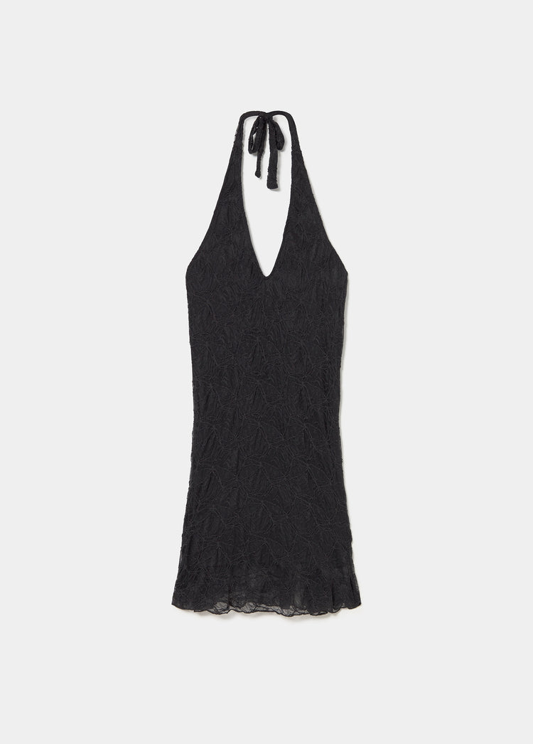 Vestido halter de encaje gris oscuro con escote profundo y lazo en el cuello