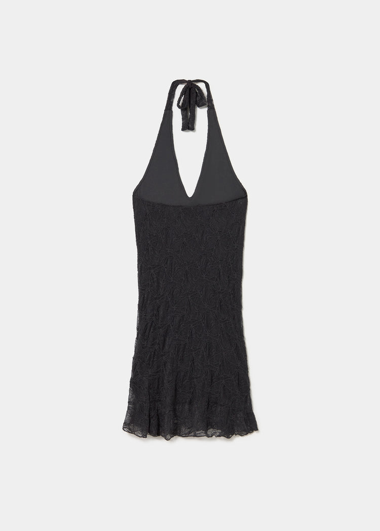 Vestido halter de encaje en gris oscuro con escote profundo y tirantes anudados