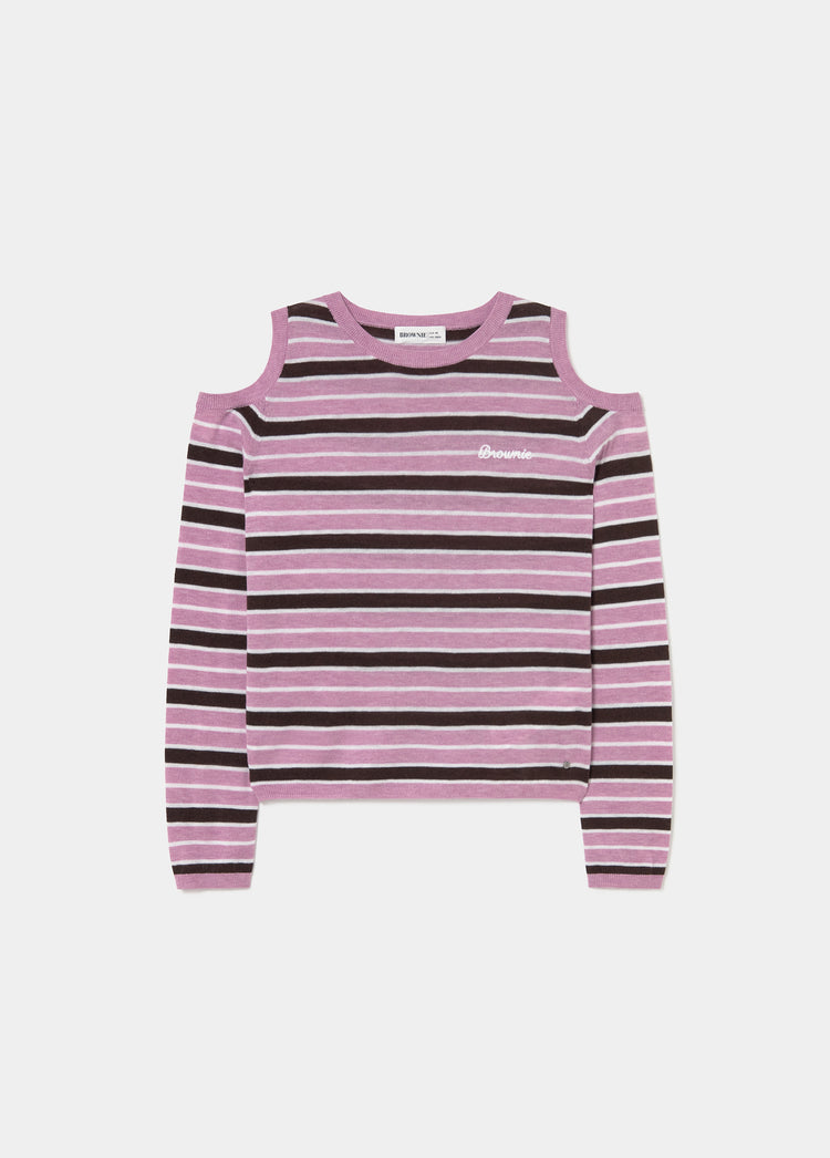 Jersey de manga larga en rosa con rayas horizontales oscuras y hombros descubiertos