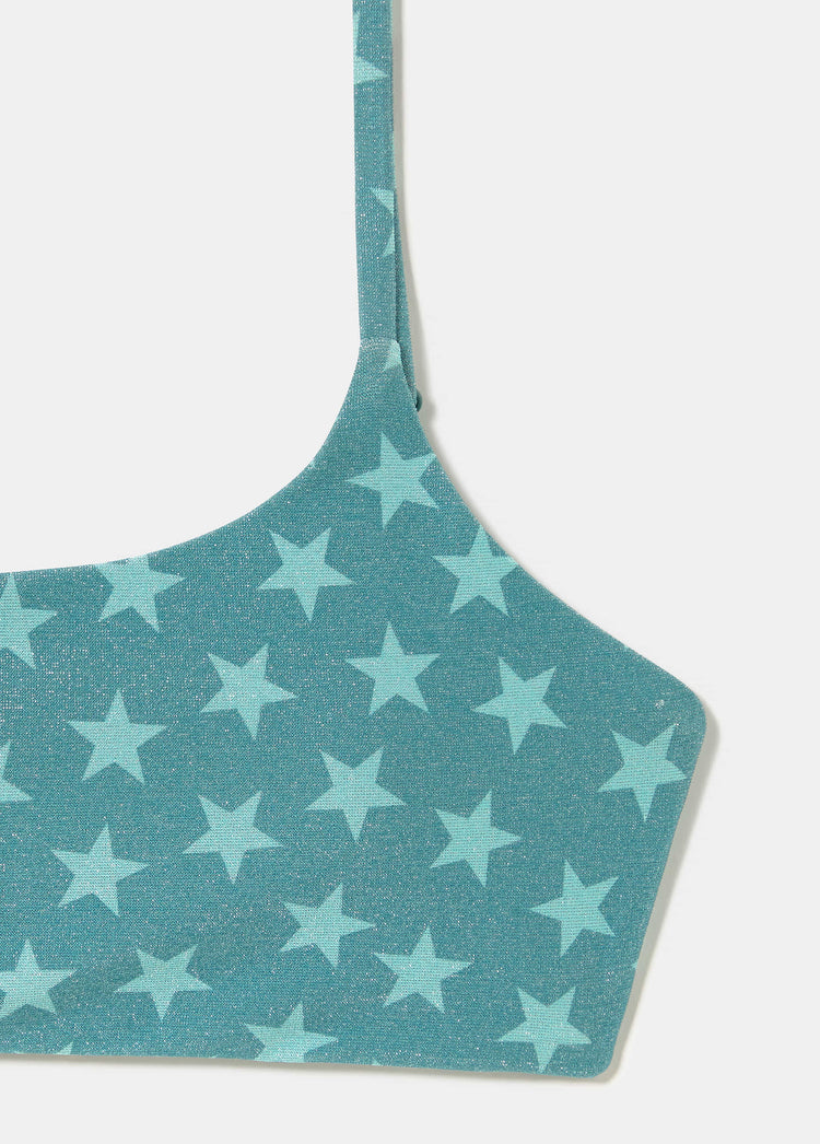 Top bandeau de tiras con estampado de estrellas en azul oscuro y tejido con brillo metálico