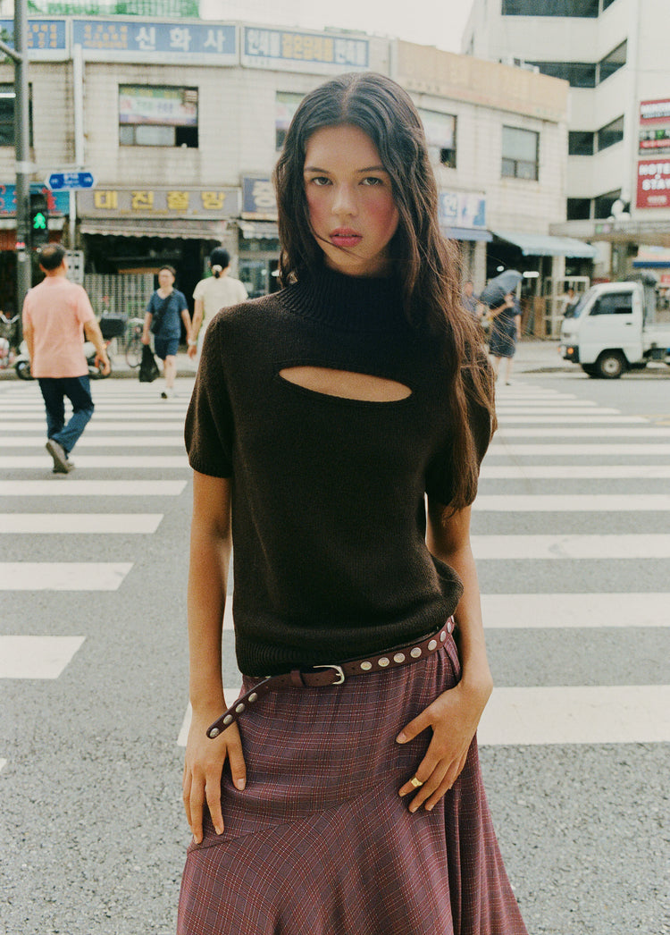 Long plaid skirt with an asymmetric hem
