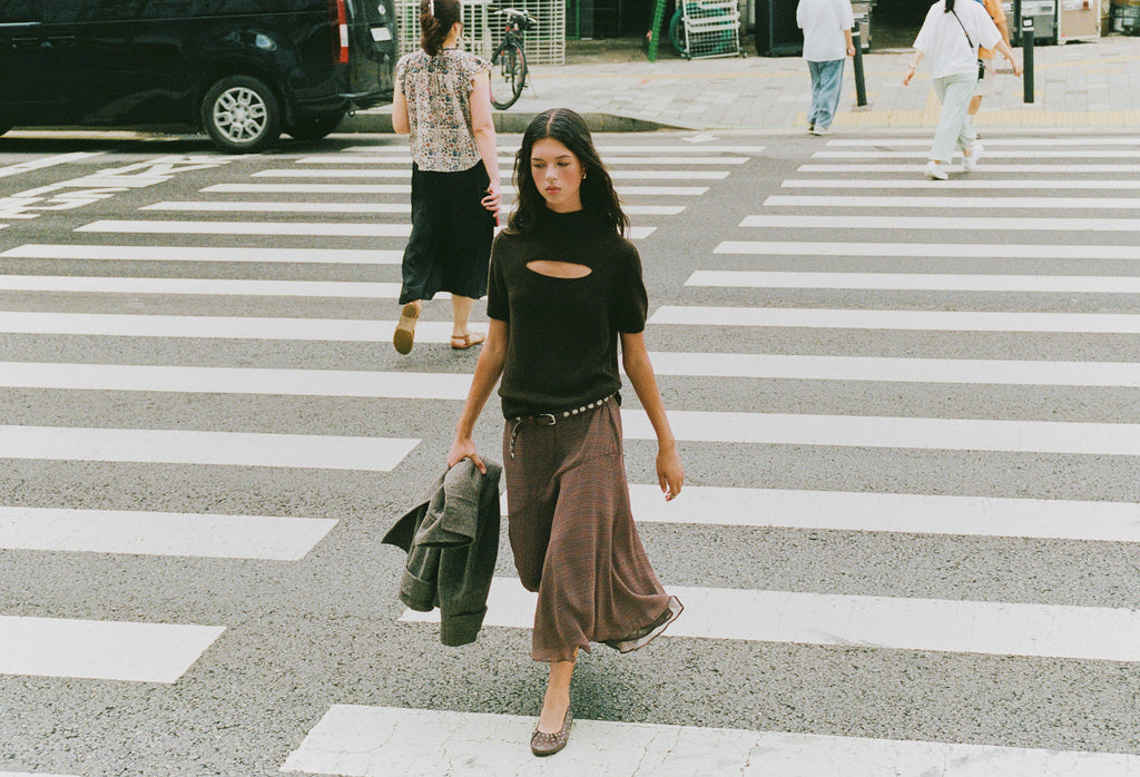 Long plaid skirt with an asymmetric hem