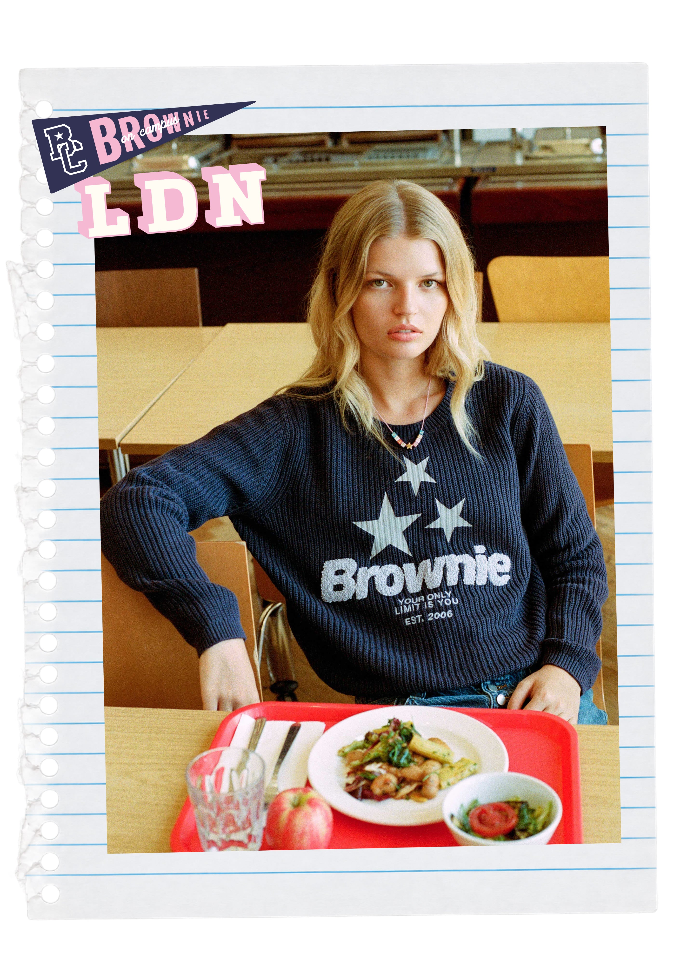 Jersey marino de punto con estrellas y la palabra Brownie en blanco