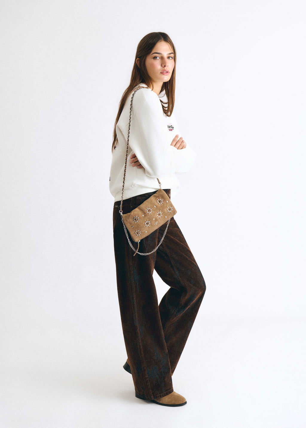 Floral-studded flap bag