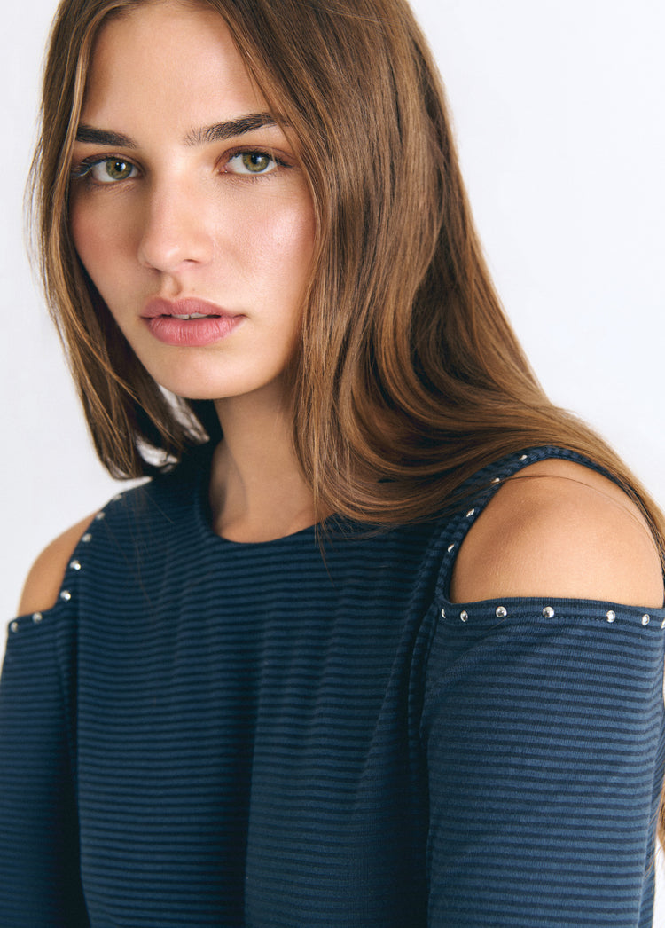T-shirt a righe con cut-out e ricamo
