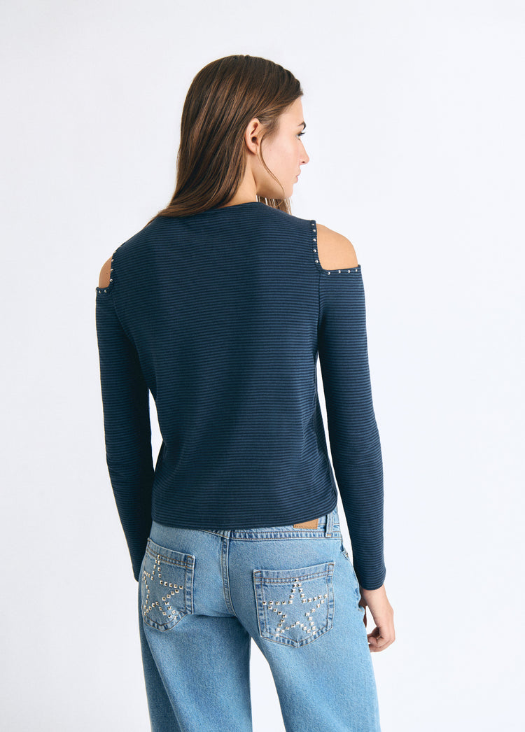T-shirt a righe con cut-out e ricamo