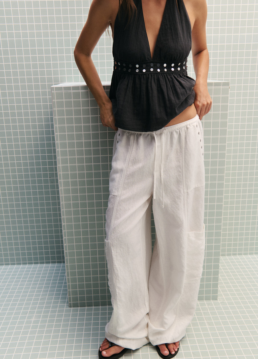 Linen harem pants with studded detail