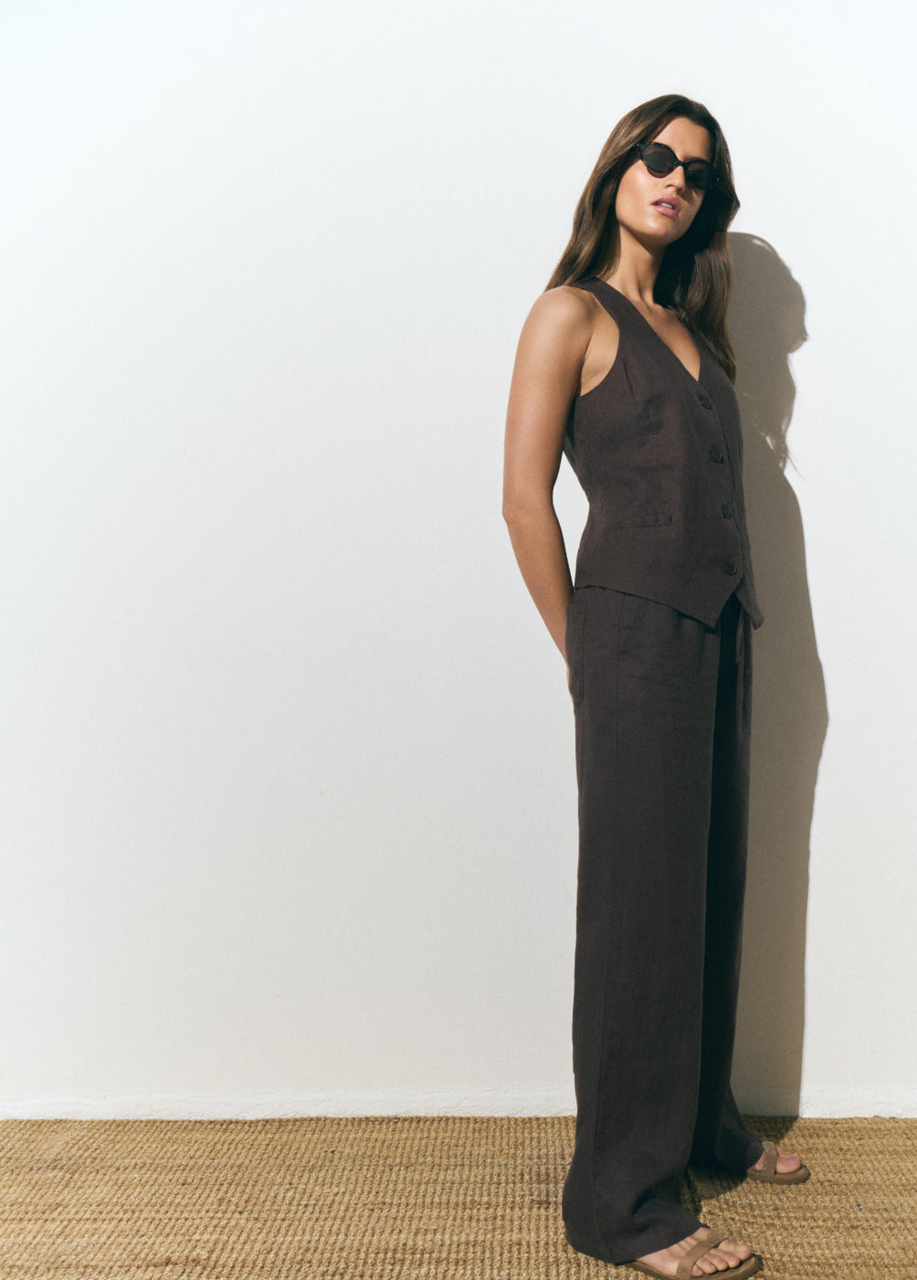 Pants with linen waist detail