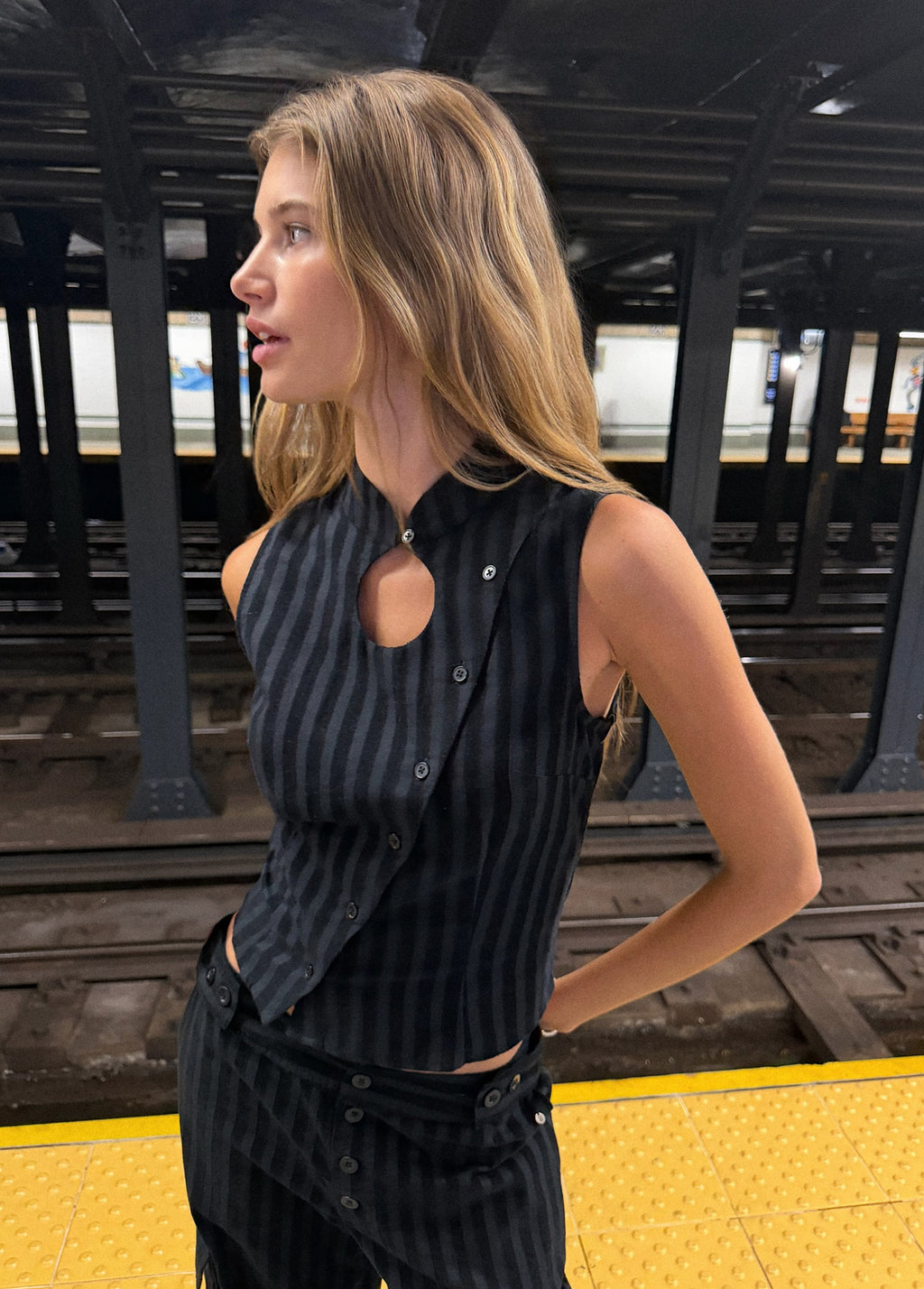 Corduroy striped button-up top
