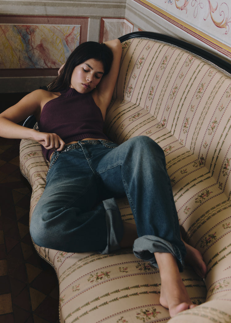 Studded denim waistband