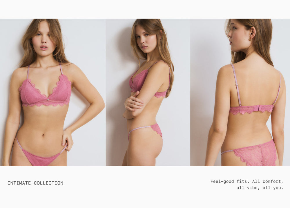 Braguita encaje rosa de corte bajo con detalles de encaje en los bordes