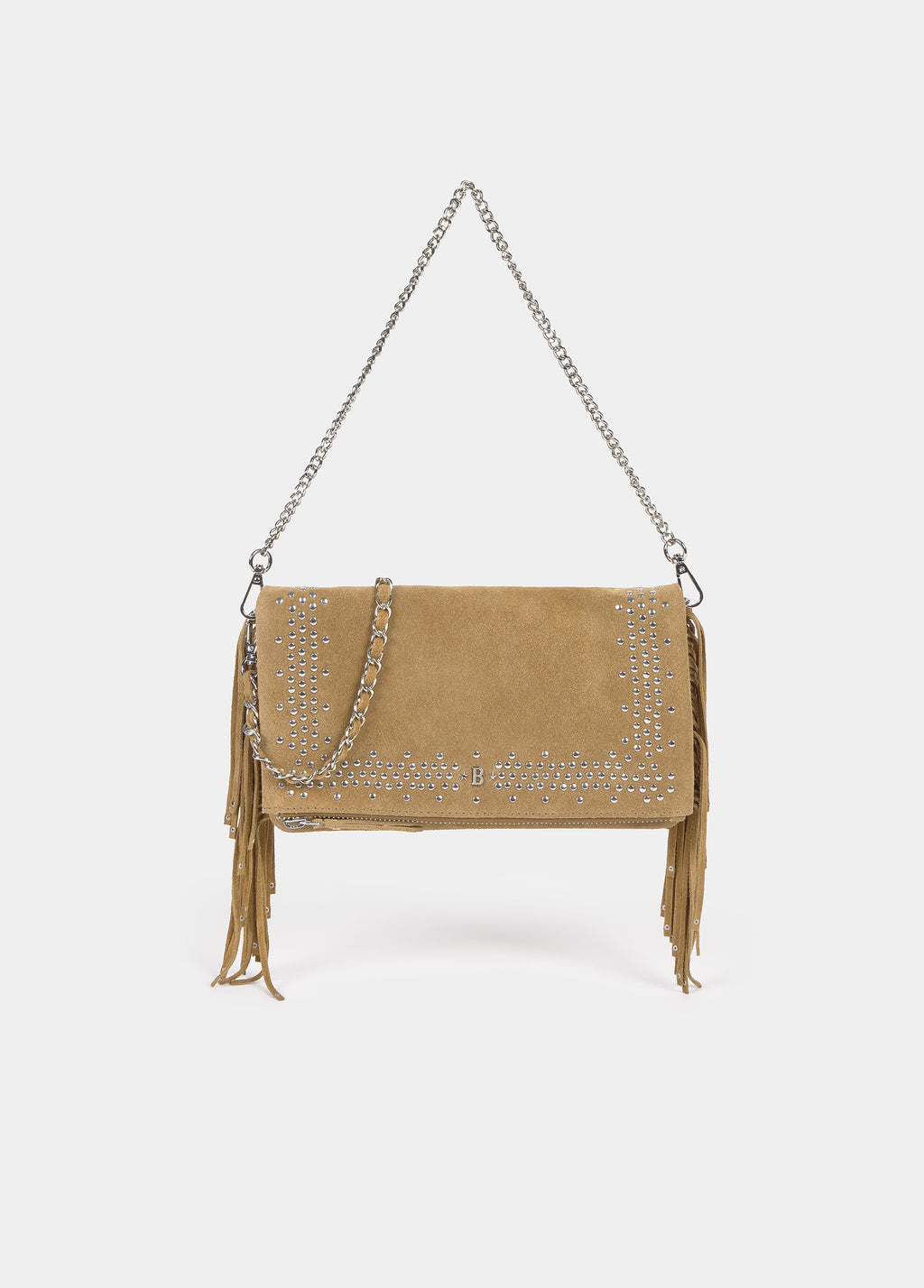 Leren schoudertas met studs en franjes