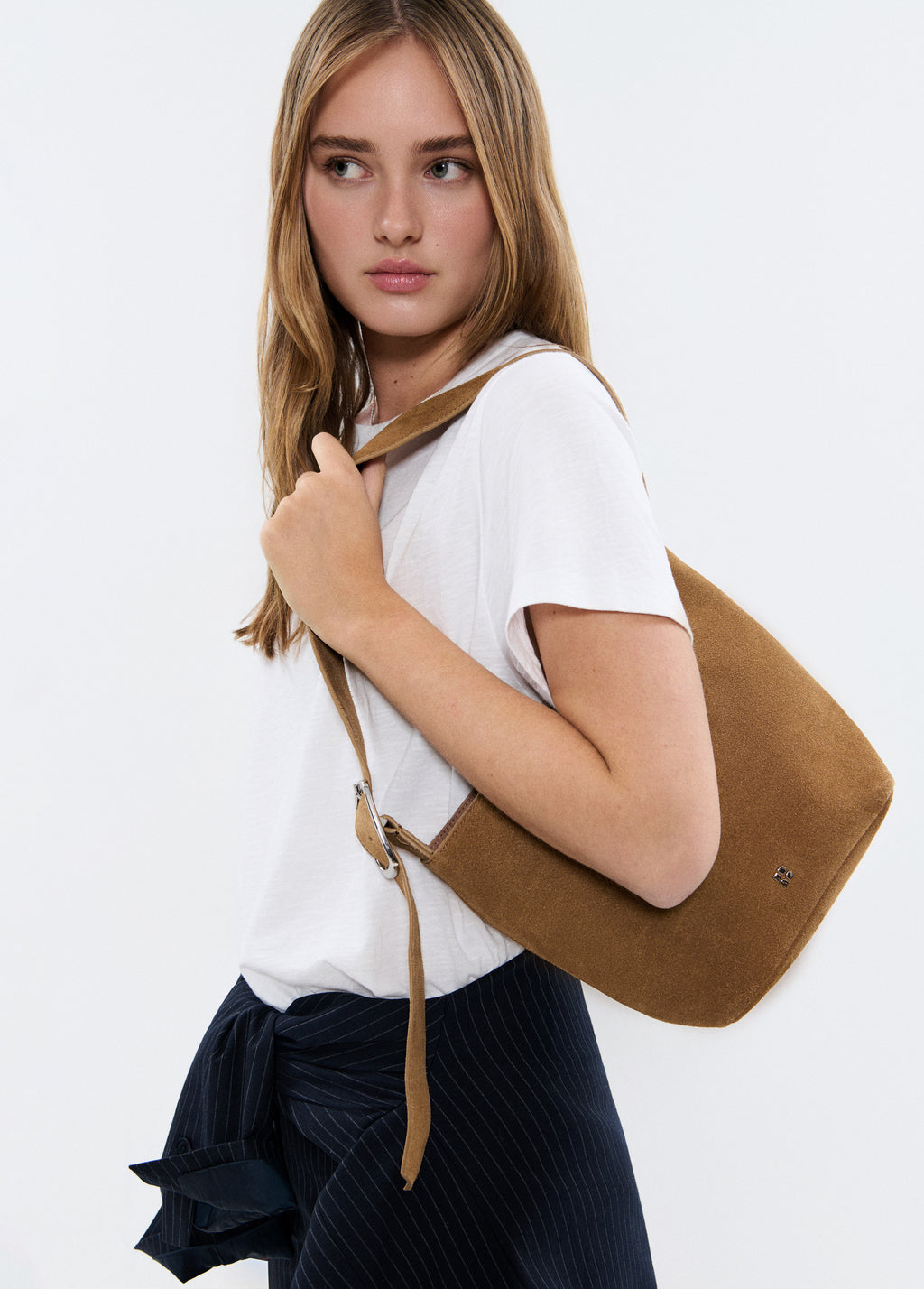Leather handle bucket bag