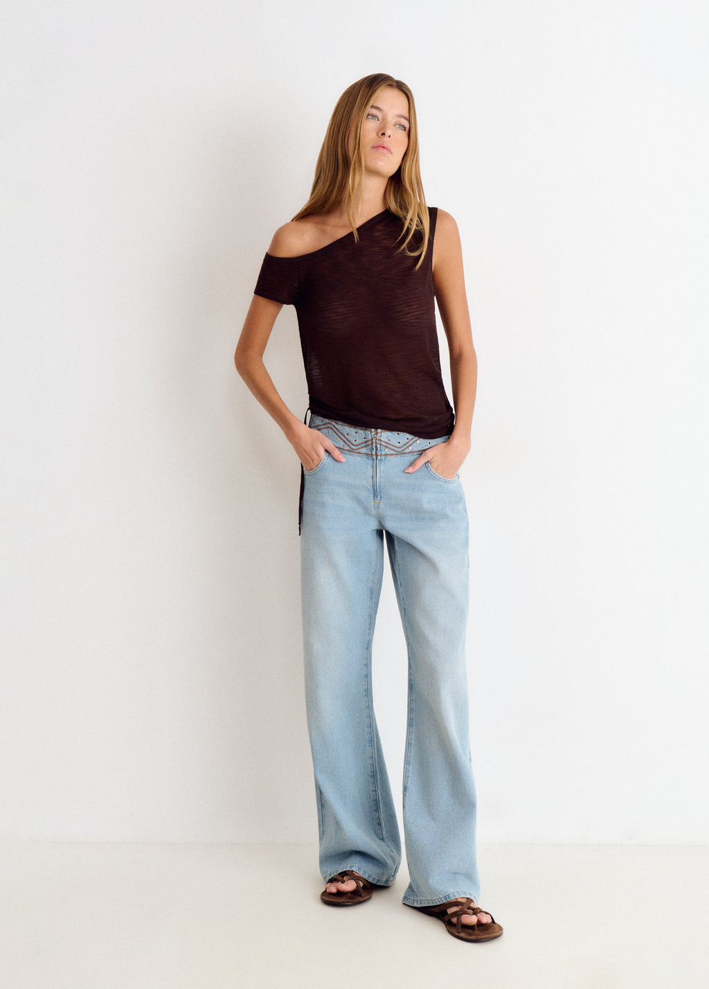 Wide embroidered waistband pants