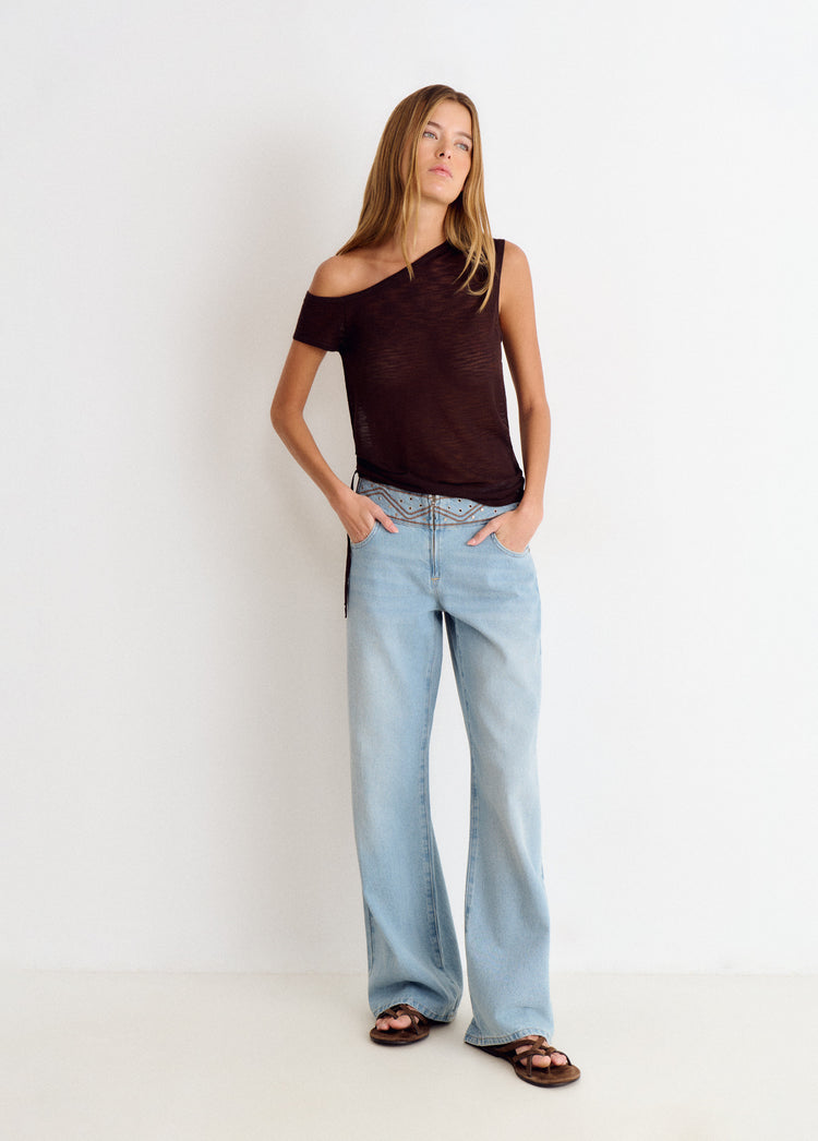 Wide embroidered waistband pants