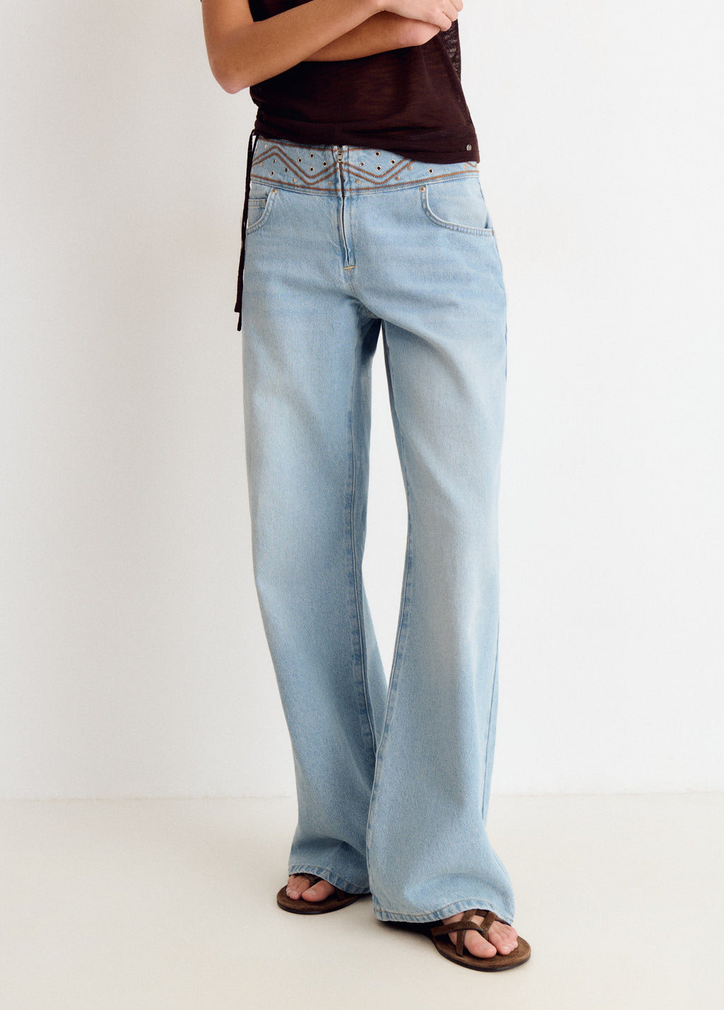Wide embroidered waistband pants