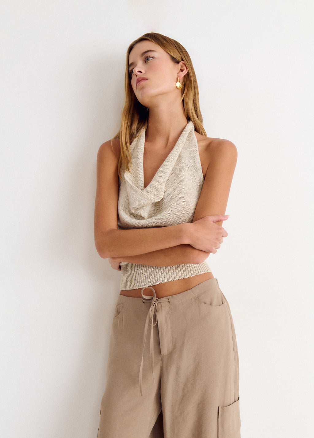 Halter top with cascade neckline