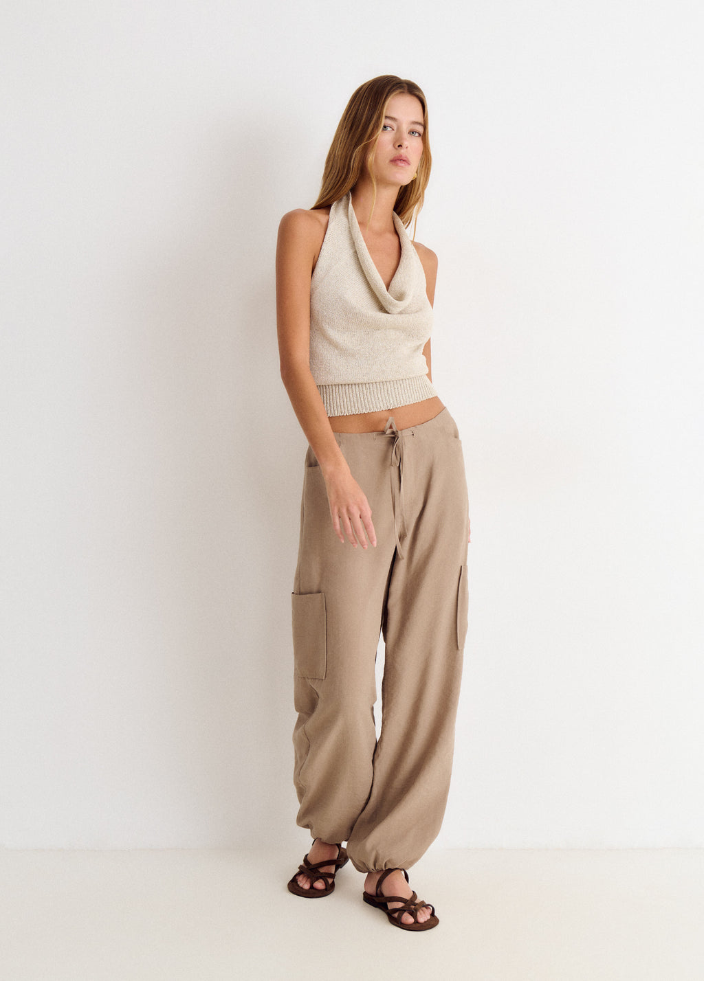 Halter top with cascade neckline