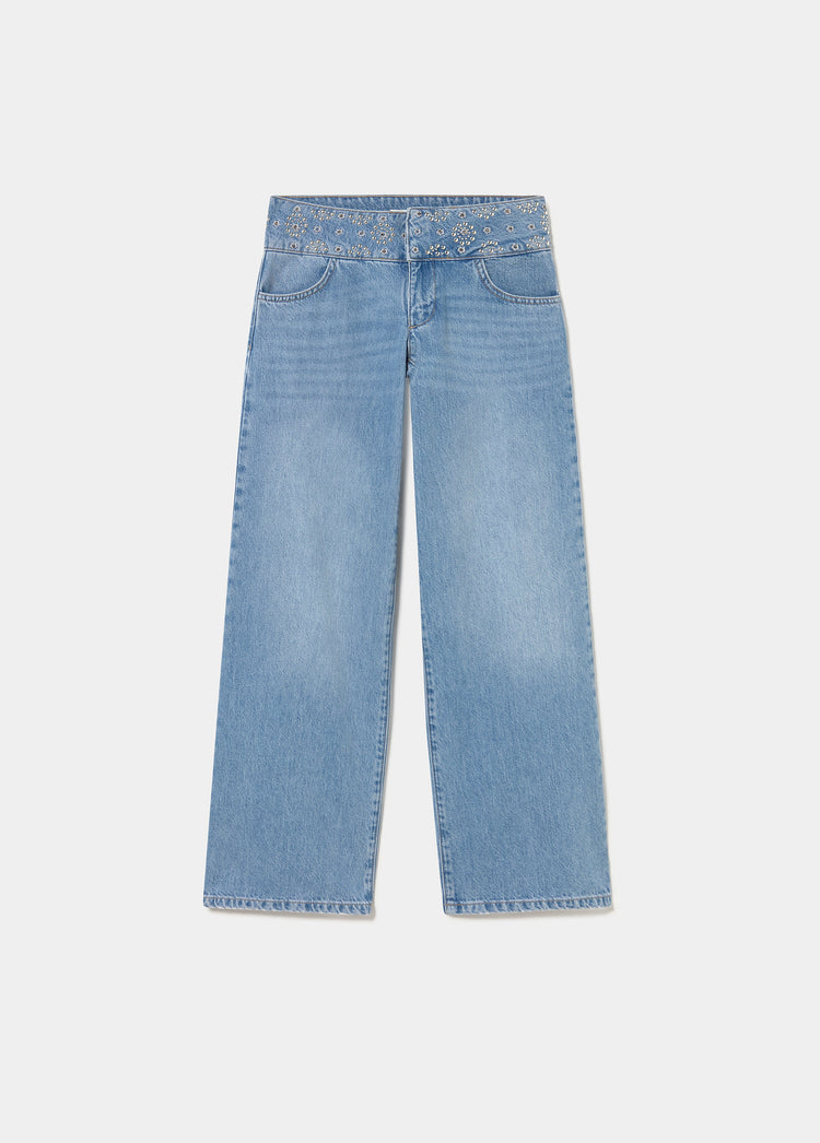 Wide embroidered waistband jeans