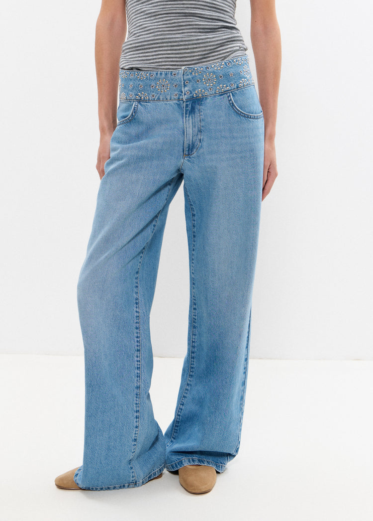 Wide embroidered waistband jeans