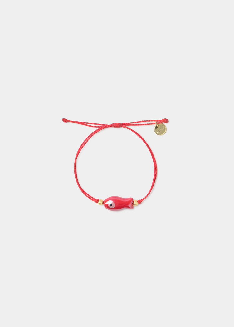 Pulsera de hilo rojo con colgante de pez y moneda dorada