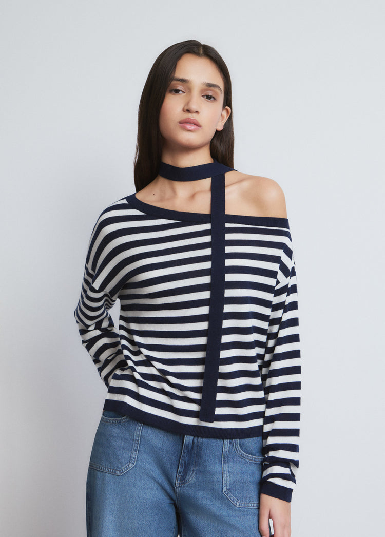 Asymmetric striped choker sweater