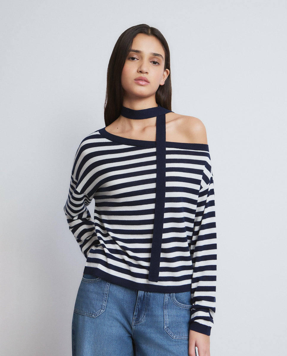 Jersei asimètric de ratlles amb coll choker