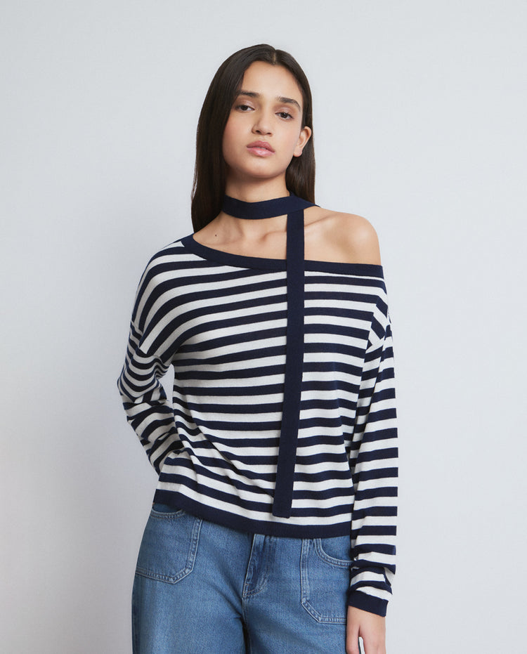 Asymmetric striped choker sweater