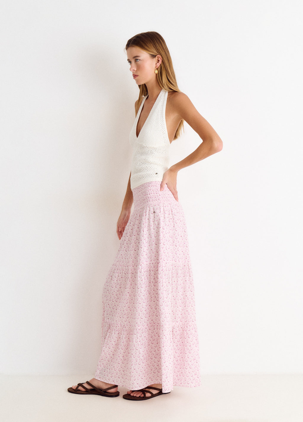 Falda larga smock estampado