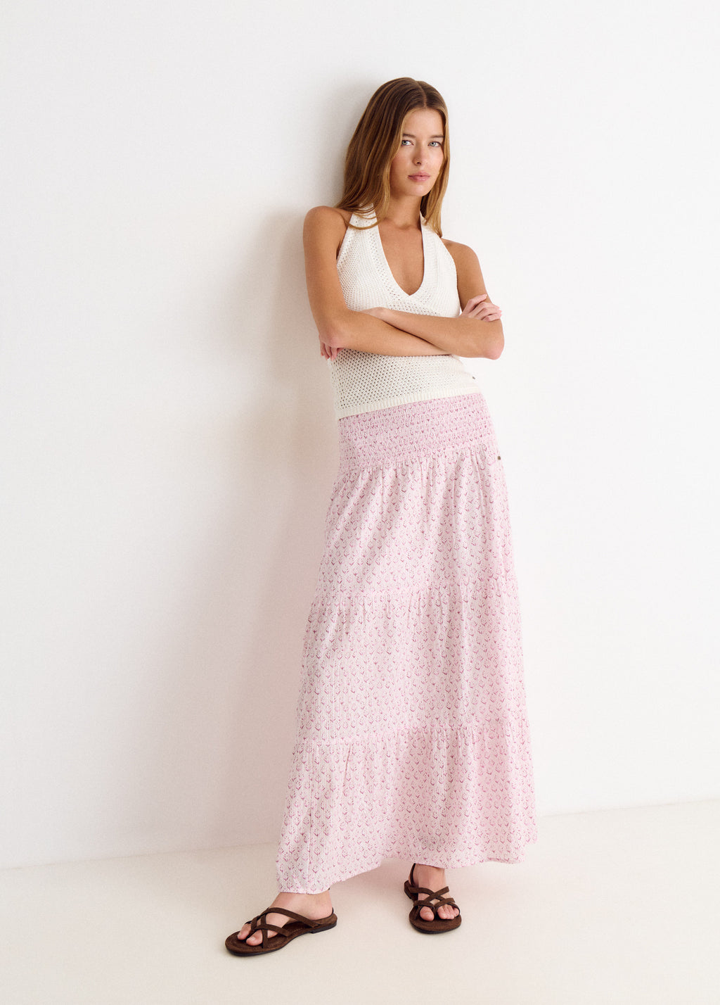 Falda larga smock estampado
