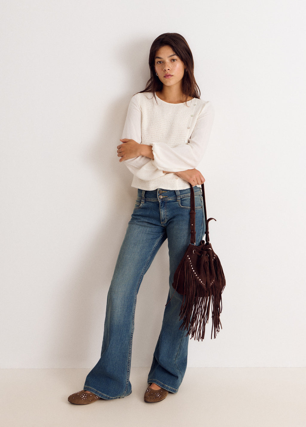 Long-sleeve smocked blouse