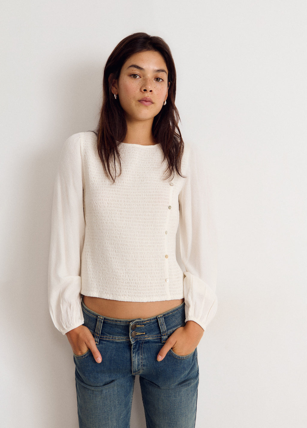 Long-sleeve smocked blouse