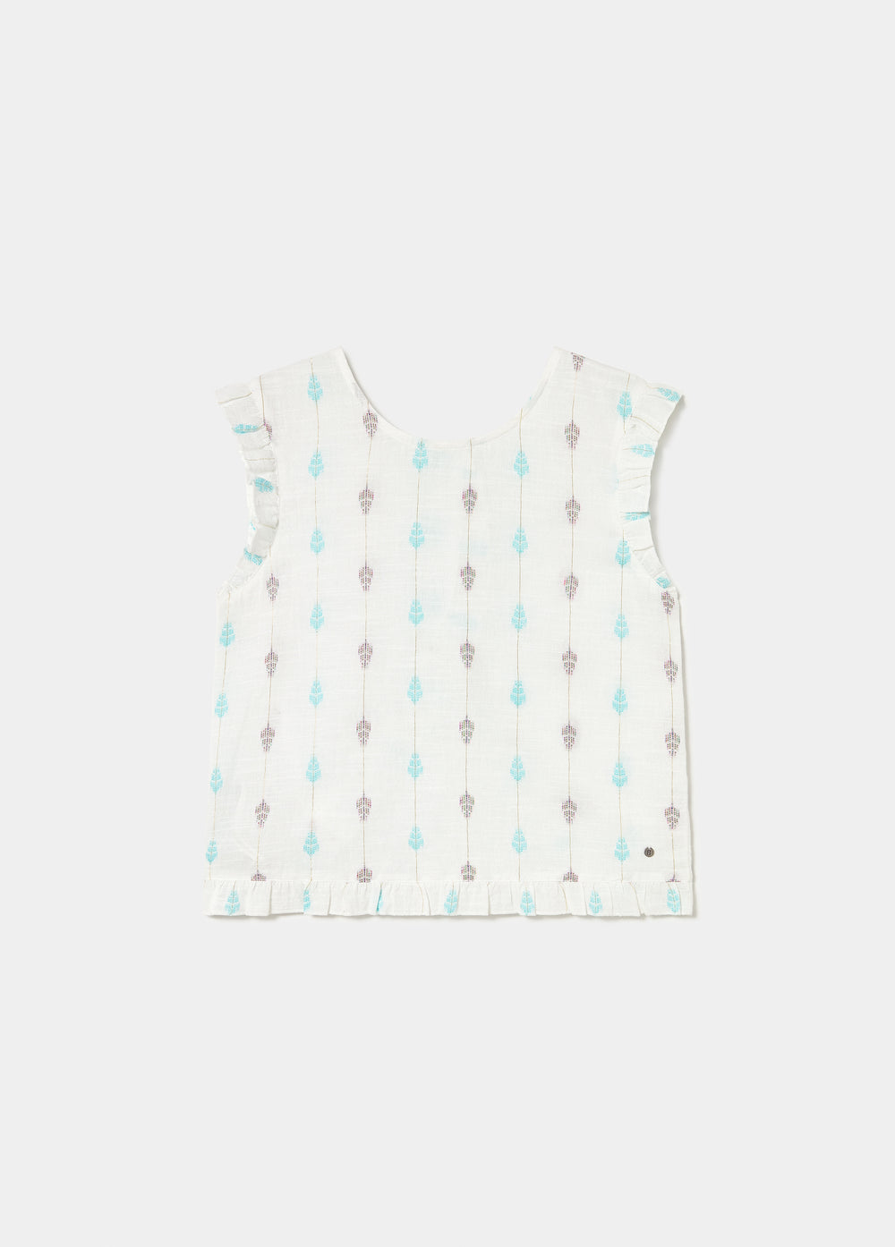 Blusa multiposición de color blanco con bordado floral y volantes en los bordes