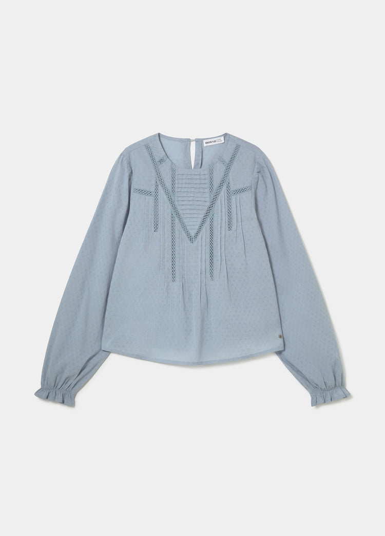 Blouse with lace and a high neckline