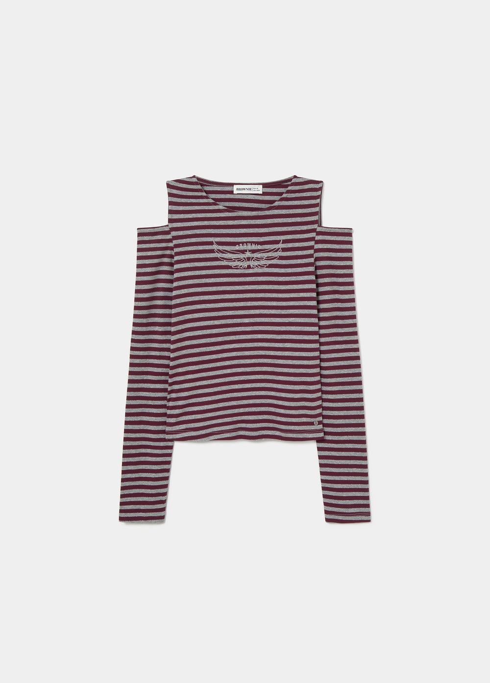 Camiseta de rayas finas en tono granate con escote cut-out en los hombros