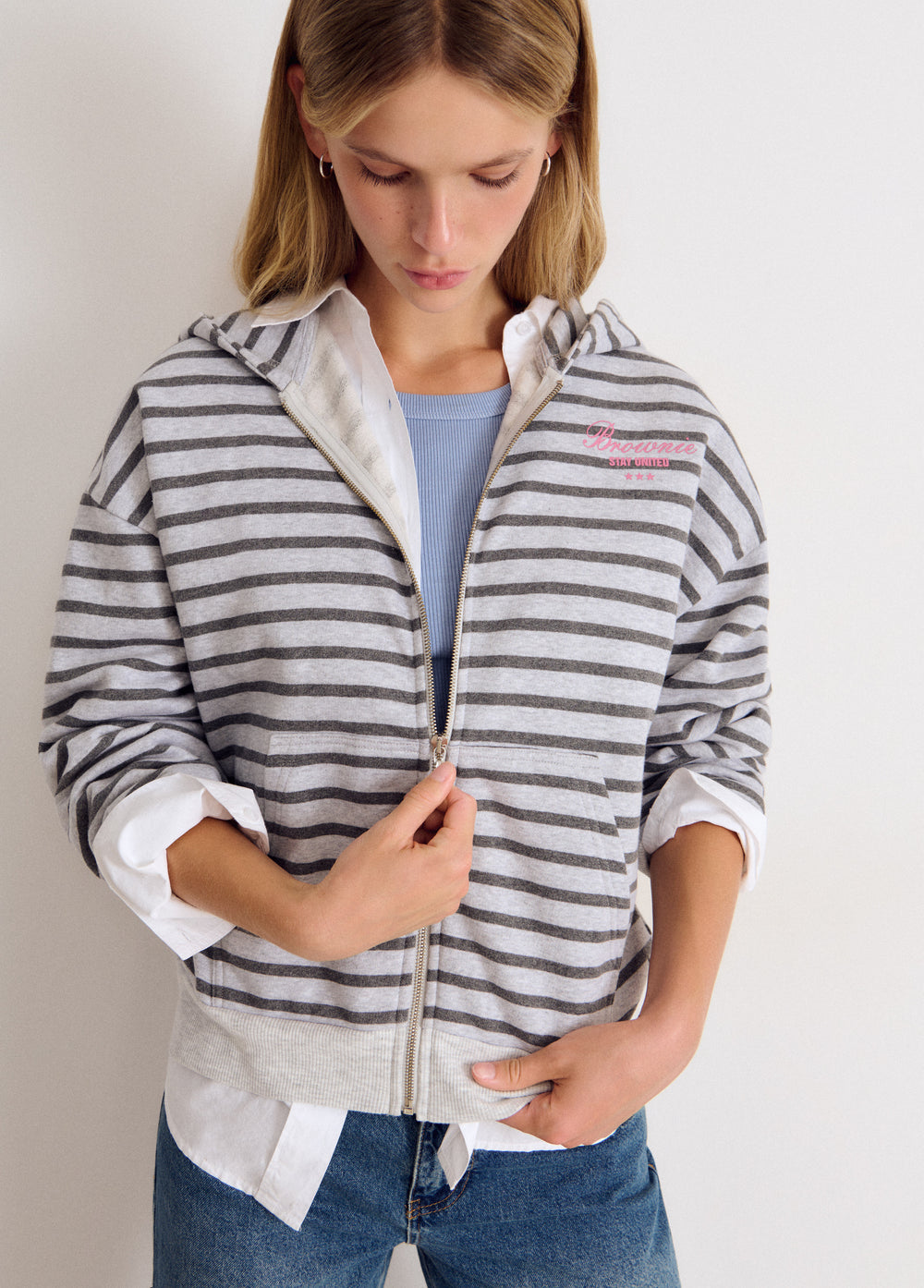 Striped zip-up sweatshirt with embroidery