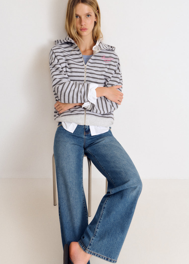 Striped zip-up sweatshirt with embroidery