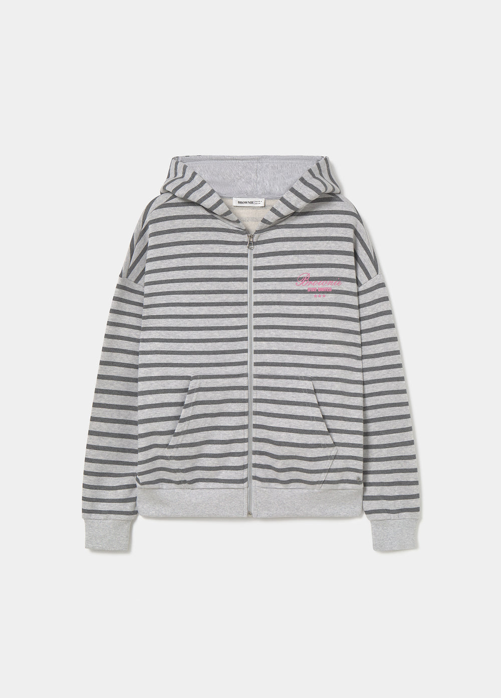 Sudadera de cremallera en gris con rayas y bordado rosa, vista frontal con capucha y mangas recogidas
