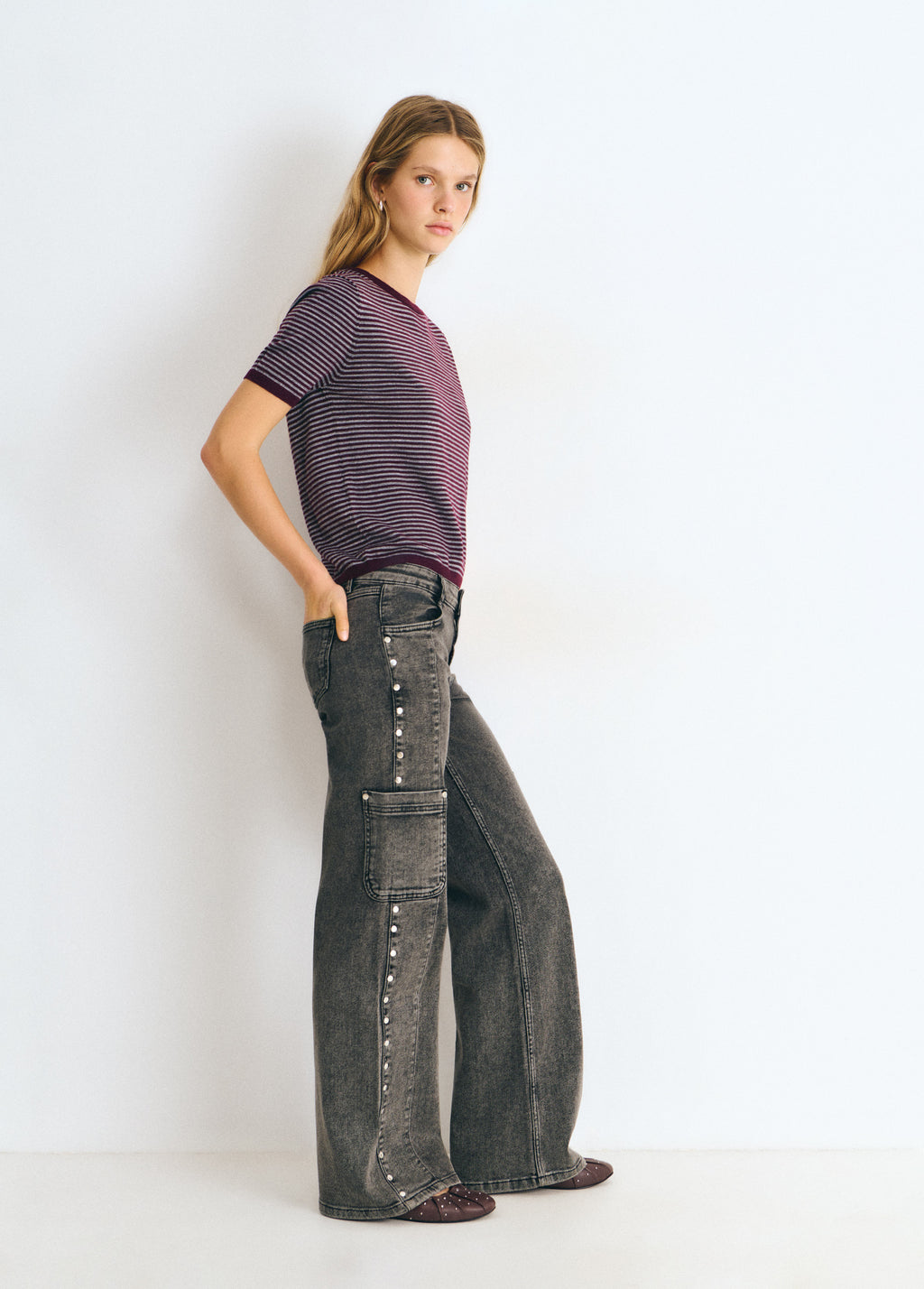 Denim with side studs and a cargo pocket
