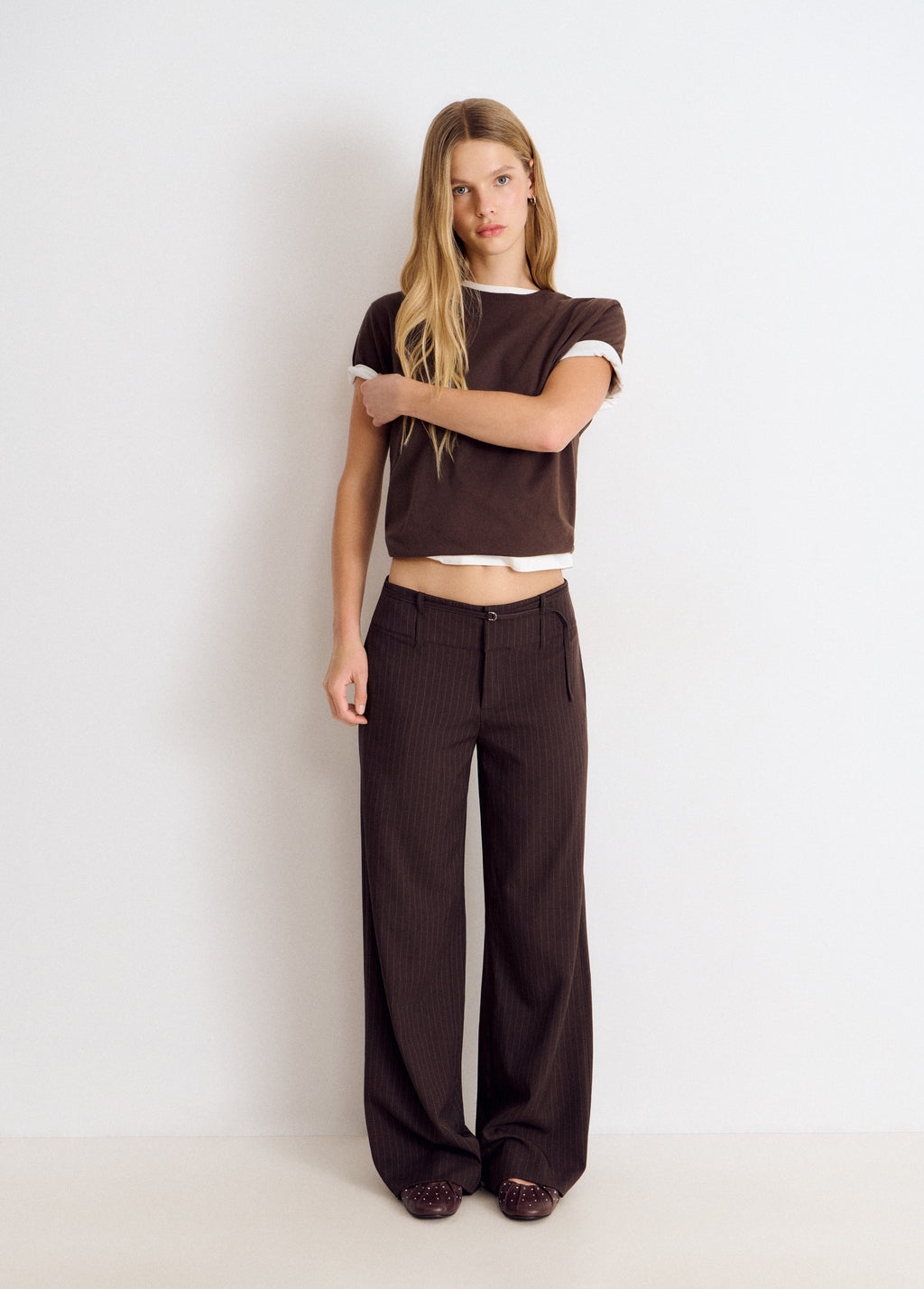 Wide-waist pinstripe trousers