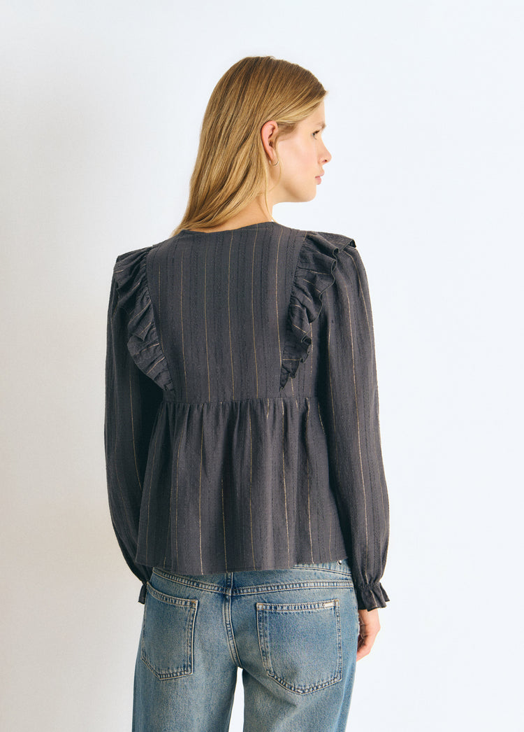 Blouse with ruffle detail and lurex stripe