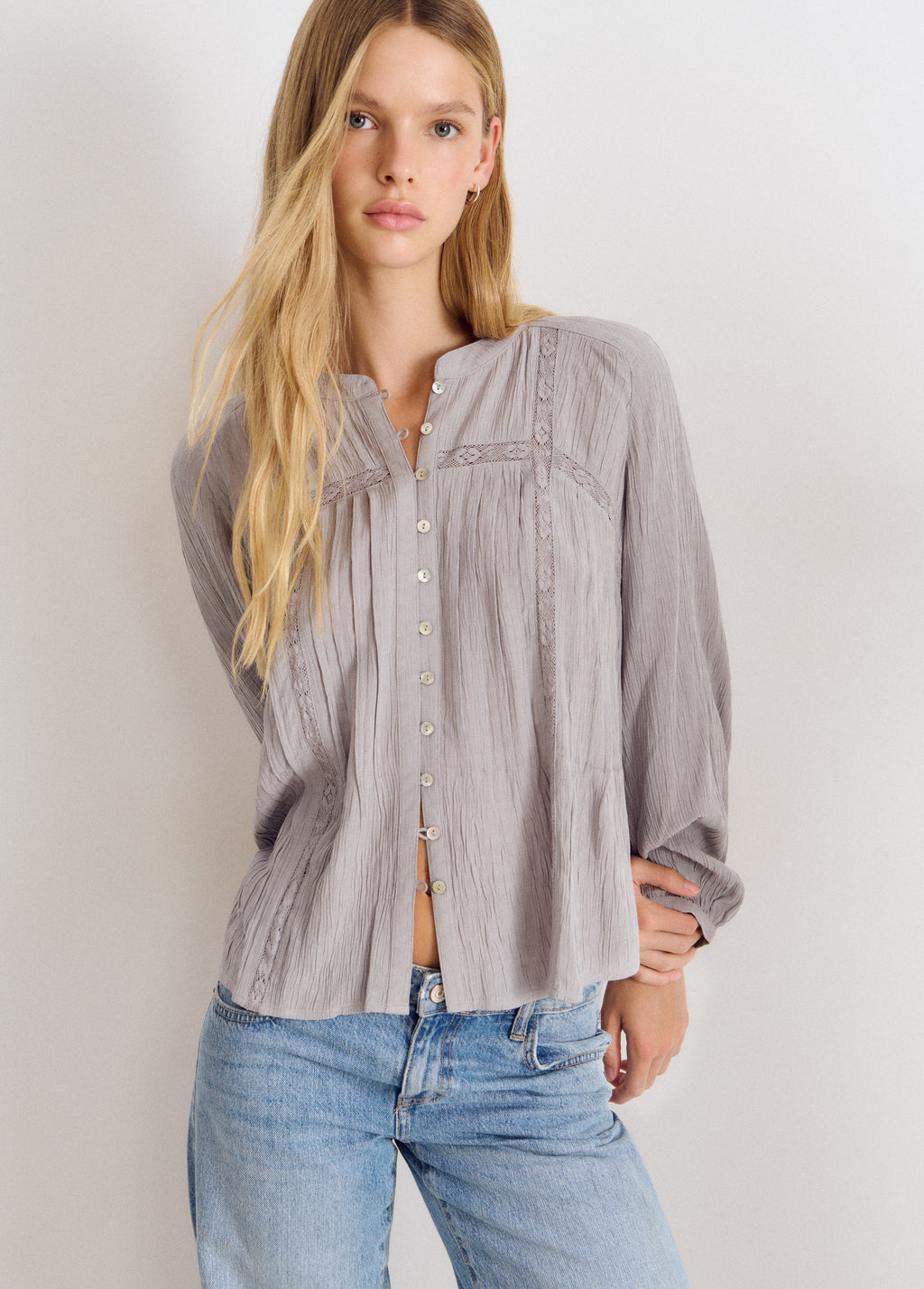 Lace pintuck long-sleeve blouse