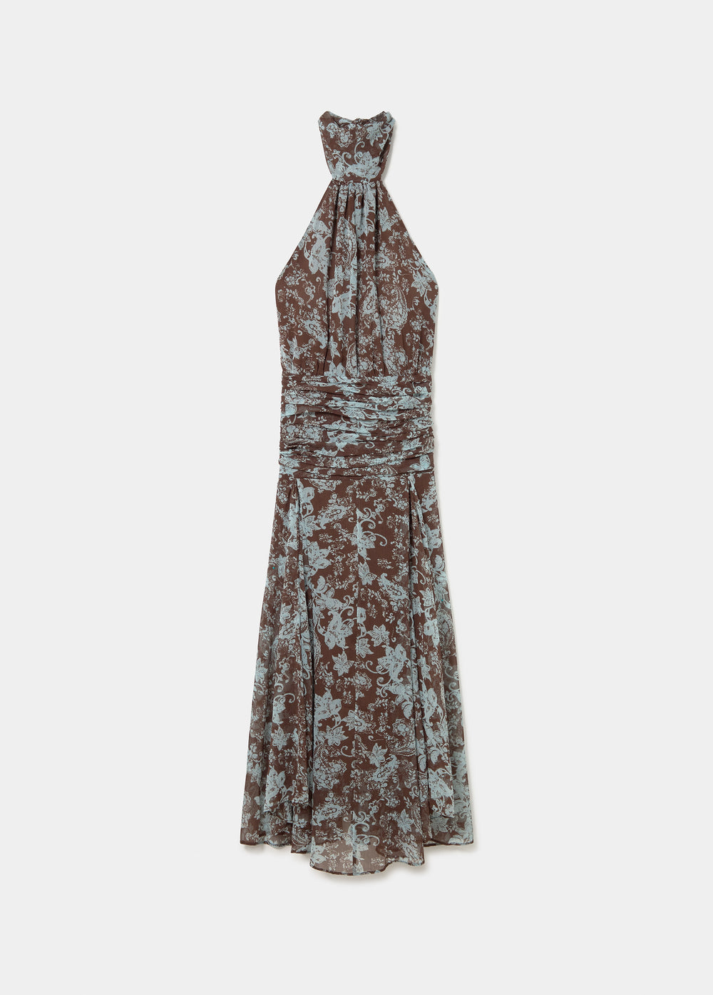 Vestido largo de tirantes halter con estampado floral en marrón sobre modelo