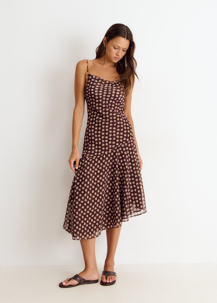 Long spaghetti-strap dress with a polka-dot print