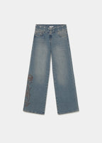 Studded embroidered waistband jeans
