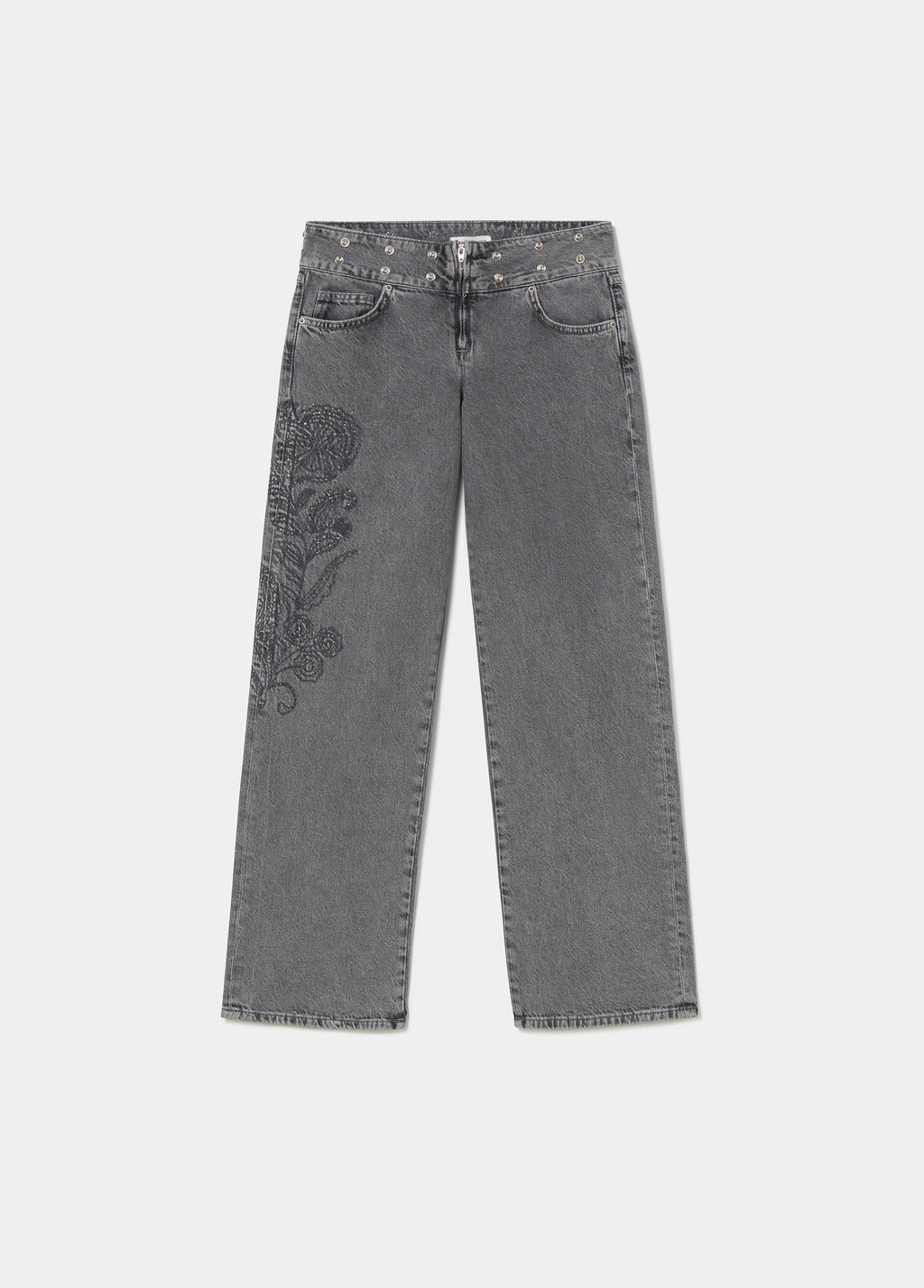 Jeans with a studded, embroidered waistband