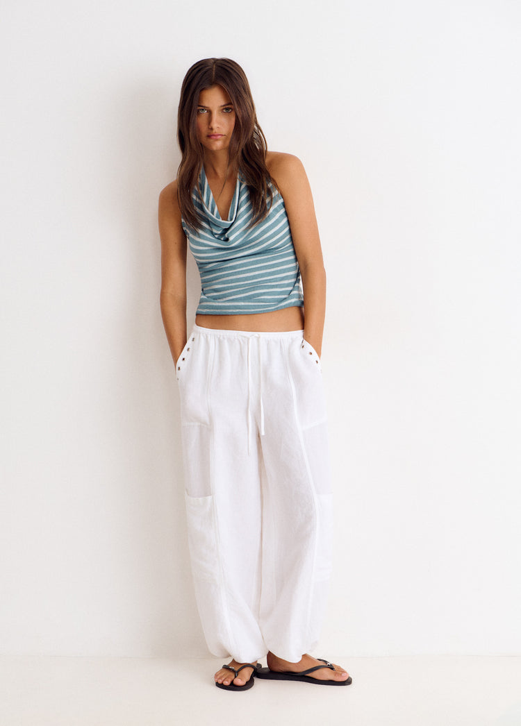 Knotted cascade stripe top