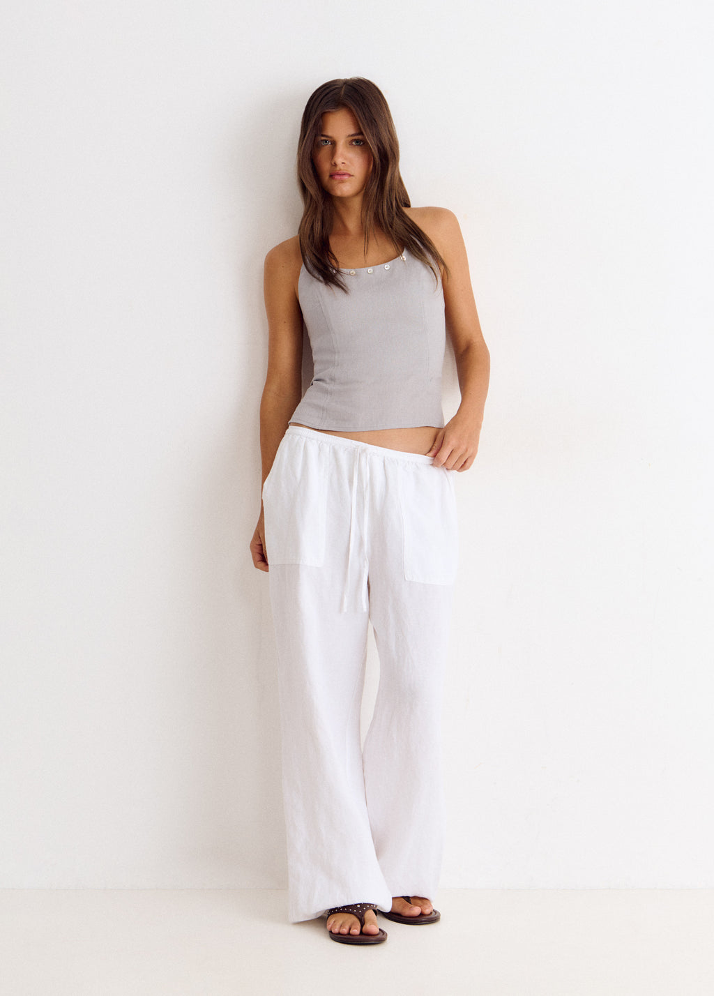 Top halter lin boutons nacre