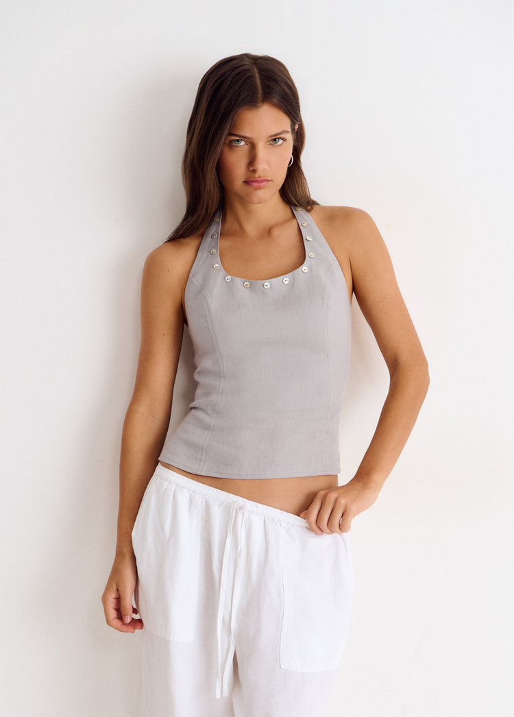 Linen halter top with mother-of-pearl buttons