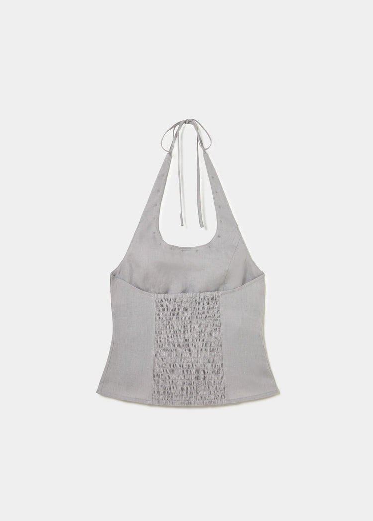 Linen halter top with mother-of-pearl buttons